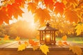 Wooden table surface at autumn fall forest. Beautiful sunny autumn day. Perfect seasonal display template, generative ai Royalty Free Stock Photo