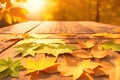 Wooden table surface at autumn fall forest. Beautiful sunny autumn day. Perfect seasonal display template, generative ai Royalty Free Stock Photo