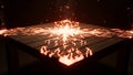 Wooden table surface erupting with glowing orange fire and sparks Royalty Free Stock Photo