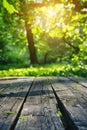 A wooden table surrounded by trees in a forest clearing Royalty Free Stock Photo