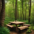 wooden table surrounded by trees in a forest Royalty Free Stock Photo