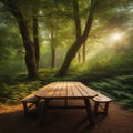 wooden table surrounded by trees in a forest Royalty Free Stock Photo