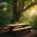 wooden table surrounded by trees in a forest Royalty Free Stock Photo