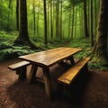 wooden table surrounded by trees in a forest Royalty Free Stock Photo