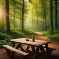 wooden table surrounded by trees in a peaceful forest