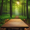 wooden table surrounded by trees in a peaceful forest