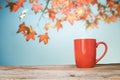 Wooden table or terrace and red leaves on blue sky background Royalty Free Stock Photo