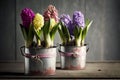 On the wooden table there are two old iron multicolored pots with a variety of flowering hyacinths