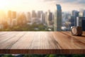 The wooden table top with blur background of modern office interior with cityscape in the morning. Generative AI AIG30. Royalty Free Stock Photo