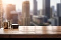 The wooden table top with blur background of modern office interior with cityscape in the morning. Generative AI AIG30. Royalty Free Stock Photo