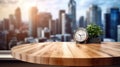 The wooden table top with blur background of modern office interior with cityscape in the morning. Generative AI AIG30. Royalty Free Stock Photo