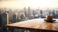 The wooden table top with blur background of modern office interior with cityscape in the morning. Generative AI AIG30. Royalty Free Stock Photo