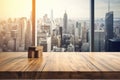 The wooden table top with blur background of modern office interior with cityscape in the morning. Generative AI AIG30. Royalty Free Stock Photo