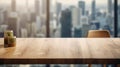 The wooden table top with blur background of modern office interior with cityscape in the morning. Generative AI AIG30. Royalty Free Stock Photo