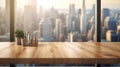 The wooden table top with blur background of modern office interior with cityscape in the morning. Generative AI AIG30. Royalty Free Stock Photo