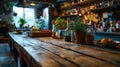 Wooden table top on blur kitchen room background,Modern contemporary green kitchen room interior