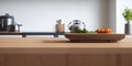 Wooden table top on blur kitchen room background, Modern Contemporary kitchen room interior. Generative AI Royalty Free Stock Photo