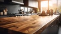 Wooden table top on blur kitchen room background,Modern kitchen room interior Royalty Free Stock Photo