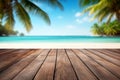 Wooden table top on blur tropical beach background - can be used for display or montage your products Royalty Free Stock Photo