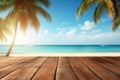 Wooden table top on blur tropical beach background Royalty Free Stock Photo