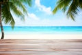 Wooden Table Top And Blur Tropical Beach Of The Blur Exterior Background Royalty Free Stock Photo