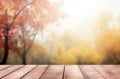 Wooden table top on blurred autumn park background with bokeh sunlight