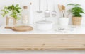 Wooden table top on blurred kitchen counter background Royalty Free Stock Photo