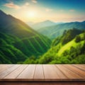 Wooden table top on blurred nature green forest hill mountain background can be used for display or montage your products