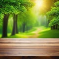 Wooden table top on blurred nature green forest hill mountain background can be used for display or montage your products