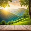 Wooden table top on blurred nature green forest hill mountain background can be used for display or montage your products