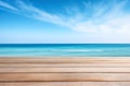 Wooden table top on blurred sea scape background - can be used for display or montage your products Royalty Free Stock Photo