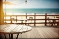 Wooden table top with blurred seascape palm tree and summer cafe. AI Generated