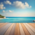 Wooden table top on blurred summer blue sea and sky background Royalty Free Stock Photo