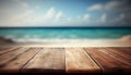 Wooden table top on blurred summer blue sea and sky background. Copy space for your display or montage product design Royalty Free Stock Photo