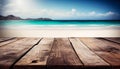 Wooden table top on blurred summer blue sea and sky background. Copy space for your display or montage product design Royalty Free Stock Photo