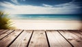 Wooden table top on blurred summer blue sea and sky background. Copy space for your display or montage product design Royalty Free Stock Photo
