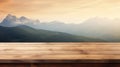 Wooden table top with blurred view of mountain landscape in the background created with Generative AI Royalty Free Stock Photo