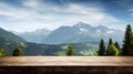 Wooden table top with blurred view of mountain landscape in the background created with Generative AI Royalty Free Stock Photo