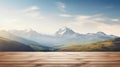 Wooden table top with blurred view of mountain landscape in the background created with Generative AI Royalty Free Stock Photo