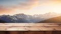 Wooden table top with blurred view of mountain landscape in the background created with Generative AI Royalty Free Stock Photo