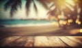 a wooden table top with blurry lights in the background of a beach and palm tree in the foreground, with a blurry boke of the Royalty Free Stock Photo