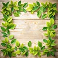 Wooden table top with spring green leafs as frame and free space for text Royalty Free Stock Photo