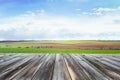 Wooden table top with fresh green field and blue sky in summer. Space for present a product. Royalty Free Stock Photo