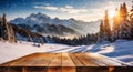 Wooden table top for product placement with snowy winter landscape, AI
