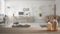 Wooden table top or shelf with aromatic sticks bottles over blurred multifunctional loft with home office workplace, white archite