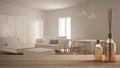 Wooden table top or shelf with aromatic sticks bottles over blurred scandinavian minimalist living room, white architecture interi