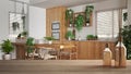 Wooden table top or shelf with aromatic sticks bottles over sustainable kitchen and dining room with table and with potted plants