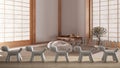 Wooden table top or shelf with line of stylized dogs, dog friendly concept, love for animals, animal dog proof home, minimal