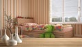 Wooden table top or shelf with minimalistic modern vases over blurred contemporary minimalist child bedroom with single bed, toys