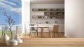 Wooden table top or shelf with minimalistic modern vases over blurred whit minimalist kitchen